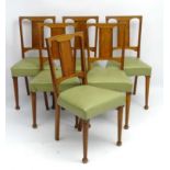 Arts and Crafts : 6 oak dining chairs with inlay and having sage green faux leather overstuffed