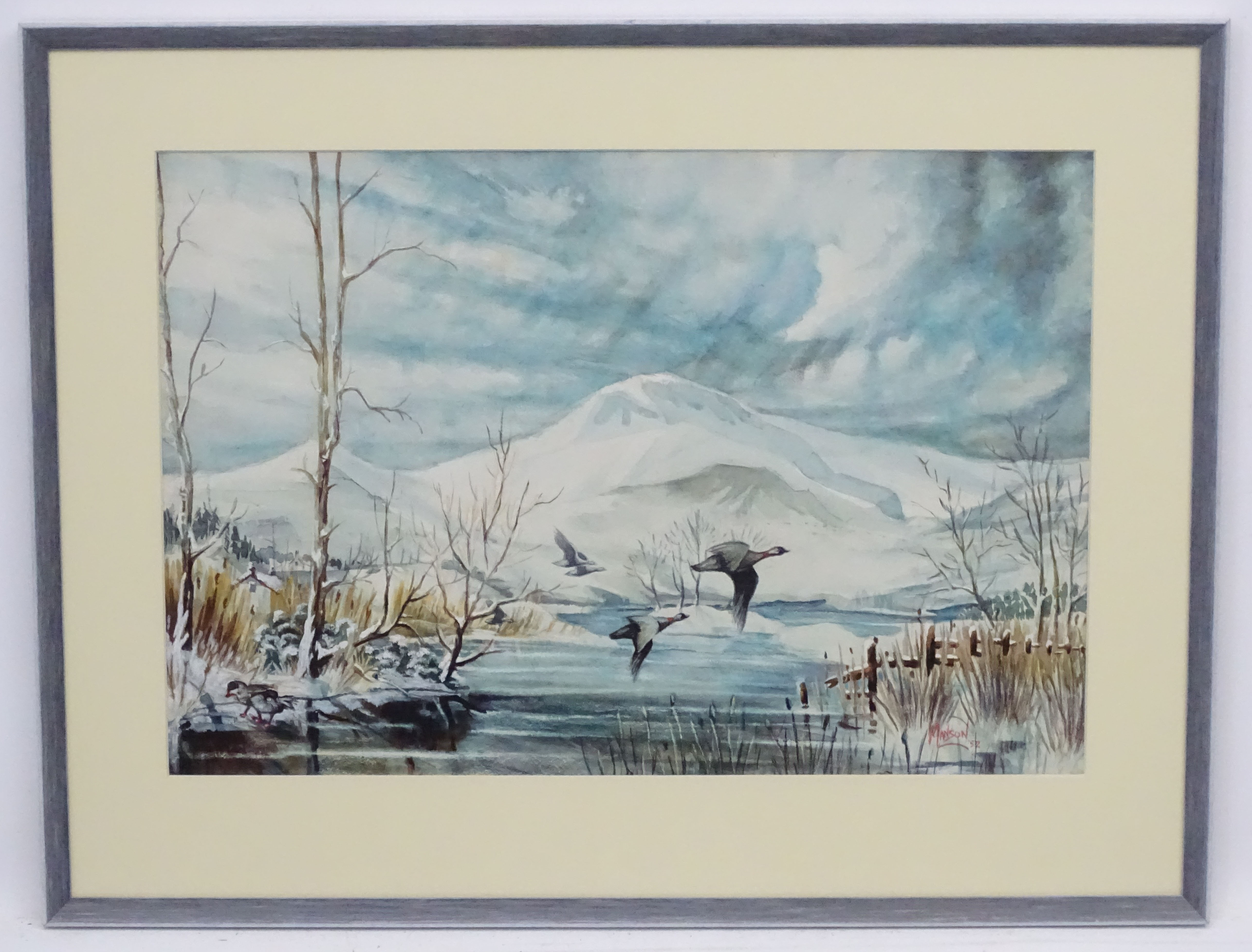 Manson '52', Watercolour and gouache, Wildfowl , ducks and geese , at a snow covered frozen lake,