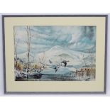Manson '52', Watercolour and gouache, Wildfowl , ducks and geese , at a snow covered frozen lake,
