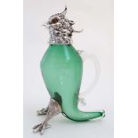 A 21stC novelty green glass claret jug with silver plate mounts,