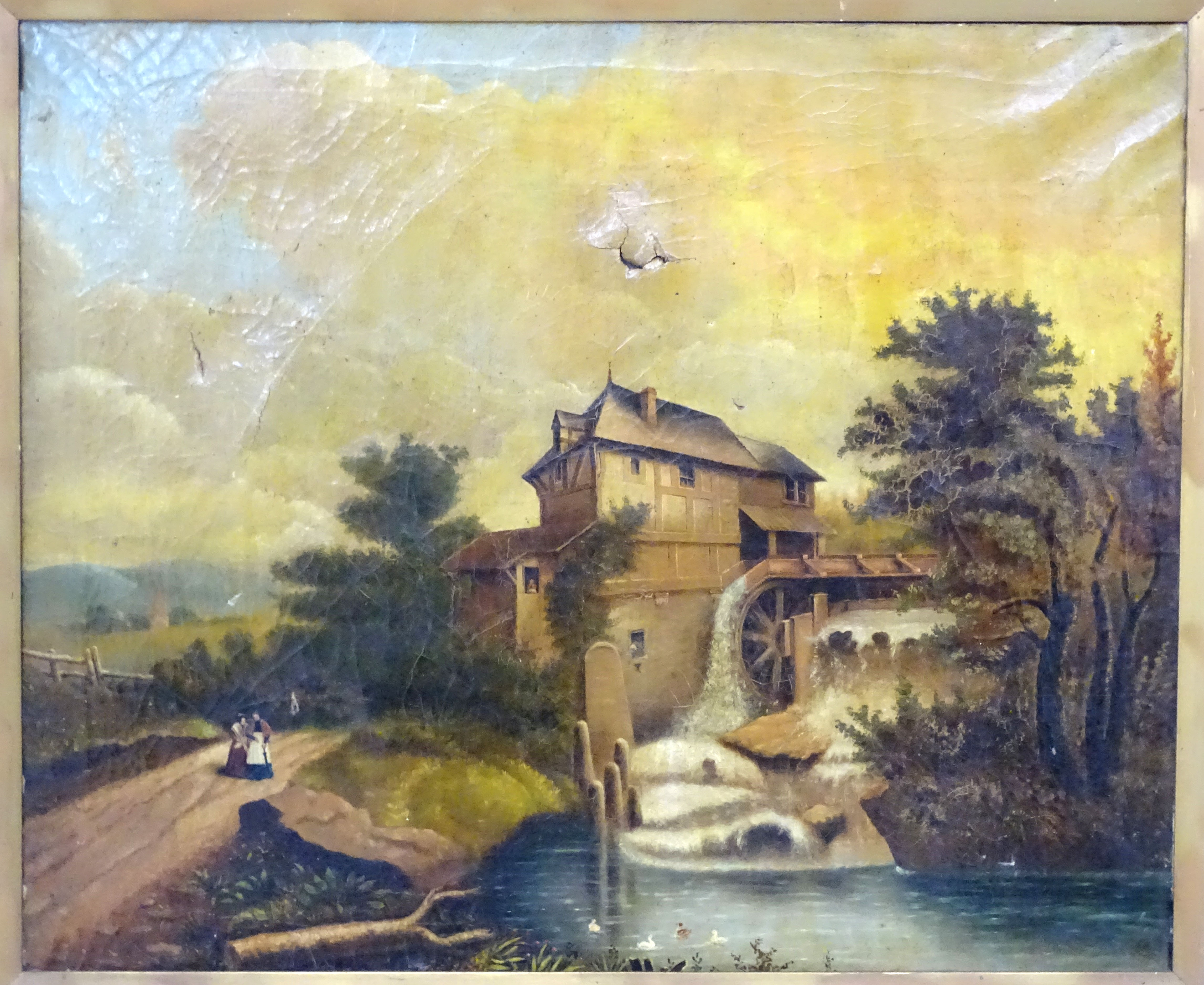 XIX Continental School, Oil on canvas, Figures by a Watermill, Possibly signed lower left. - Image 3 of 3