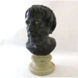 A 19th/20th C Ancient Roman style bronze sculpture, A life sized patinated bronze on marble socle,