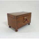 A Sheraton late 18thC three sectional tea caddy on turned feet with chequer inlay,