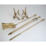 Architectural , Garden Salvage : a set of brass fire tools together with a pair firedogs ,