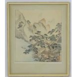 Oriental Woodblock, Figures and countryside at seas edge, Signed lower right.