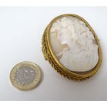 A carved cameo brooch depicting a Becchante woman / goddess with fruiting vine decoration to hair.