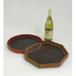 An unusual Japanese lacquered tray with co-joined octagonal and circular sections and hand painted