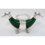 A 21stC novelty double ended small duck claret jug of green glass and silver plate ,