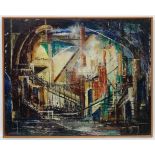 Don Carveley (19)67 Industrial, Oil on board, 'Smoke, Steam, Iron and People Going Up ',