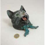 A 21stC cold painted bronze inkwell in the form of a Louis Wain style cat head 3 1/2" high