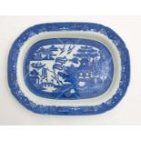 A late 19th / early 20thC blue and white transfer printed meat plate in 'Willow' pattern ,