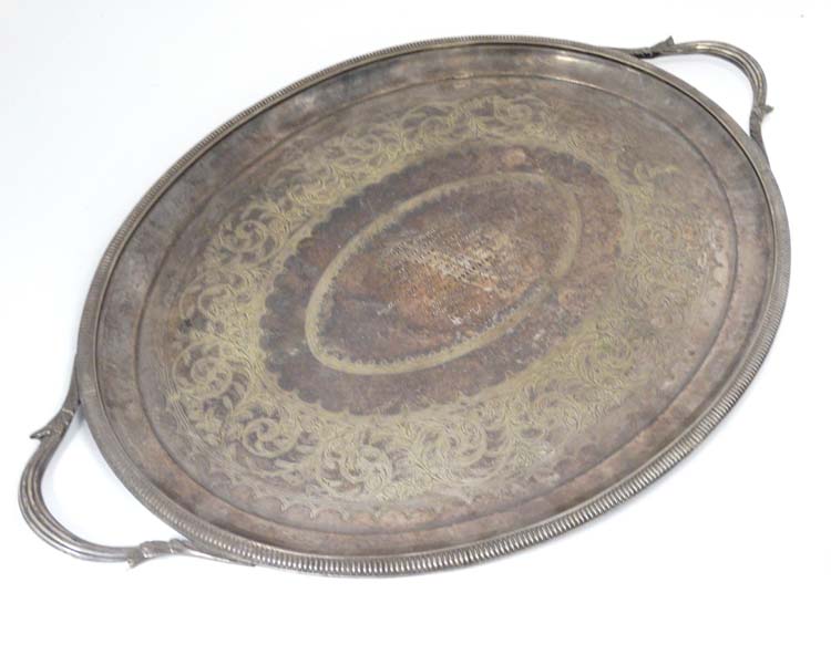 A Victorian silver plate tray with engraved decoration and inscription ' to Mrs Spooner in the - Image 4 of 8