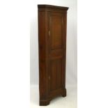 An 18/19thC oak corner cupboard with two sectional panelled door opening to reveal 4 shelves within.