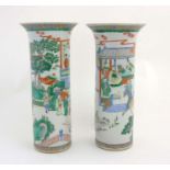 A pair of Chinese cylindrical famille verte vase with flared rim, decorated in polychrome enamels,