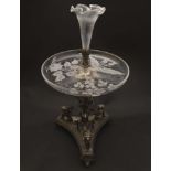 A 19 thC silverplate and glass ornate table centerpiece / epergne of triform shape ,