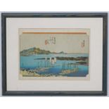 Japanese wood block, Topographical view of boats moored in a harbour, Signed.