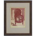 Sally Robson XX, Limited edition etching 5/50, ' Tiger ' a cat on an armchair,