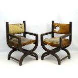 A pair of mid 20thC X- frame throne chairs with pony skin upholstery.