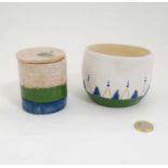Local Studio Pottery: Minty Mountain- A handmade bowl and pot with lid decorated in blue,