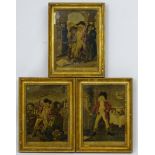Robert Dighton (1752-1814), Three 1795 hand coloured engravings supported on canvas,