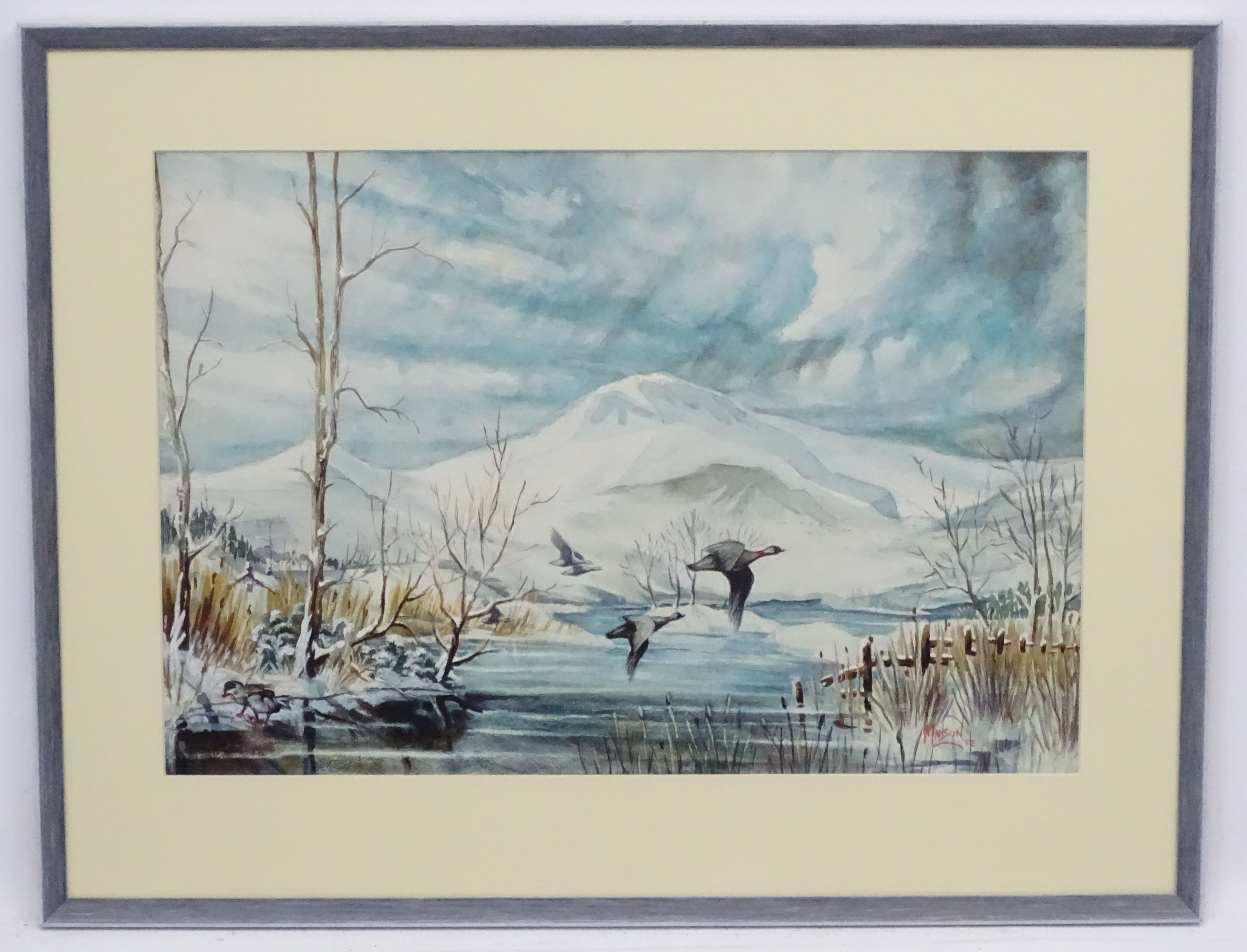 Manson '52', Watercolour and gouache, Wildfowl , ducks and geese , at a snow covered frozen lake, - Image 2 of 5