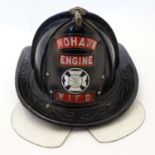An American Fire Service helmet marked ' Mohawk Engine WIFD ' with folding eye protectors.