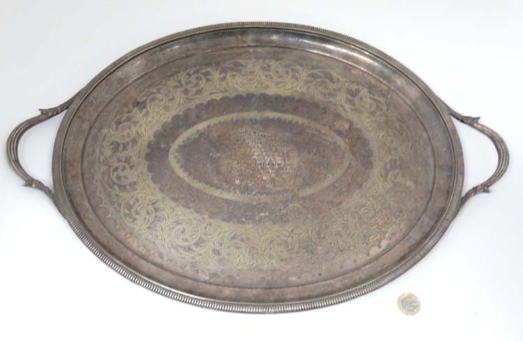 A Victorian silver plate tray with engraved decoration and inscription ' to Mrs Spooner in the - Image 5 of 8