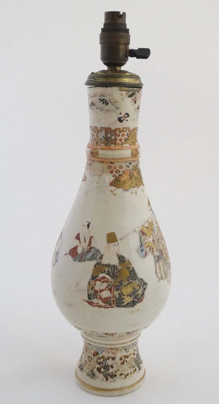 A Japanese Satsuma lamp base of baluster form , decorated with figures in robes and flowers, - Image 2 of 6