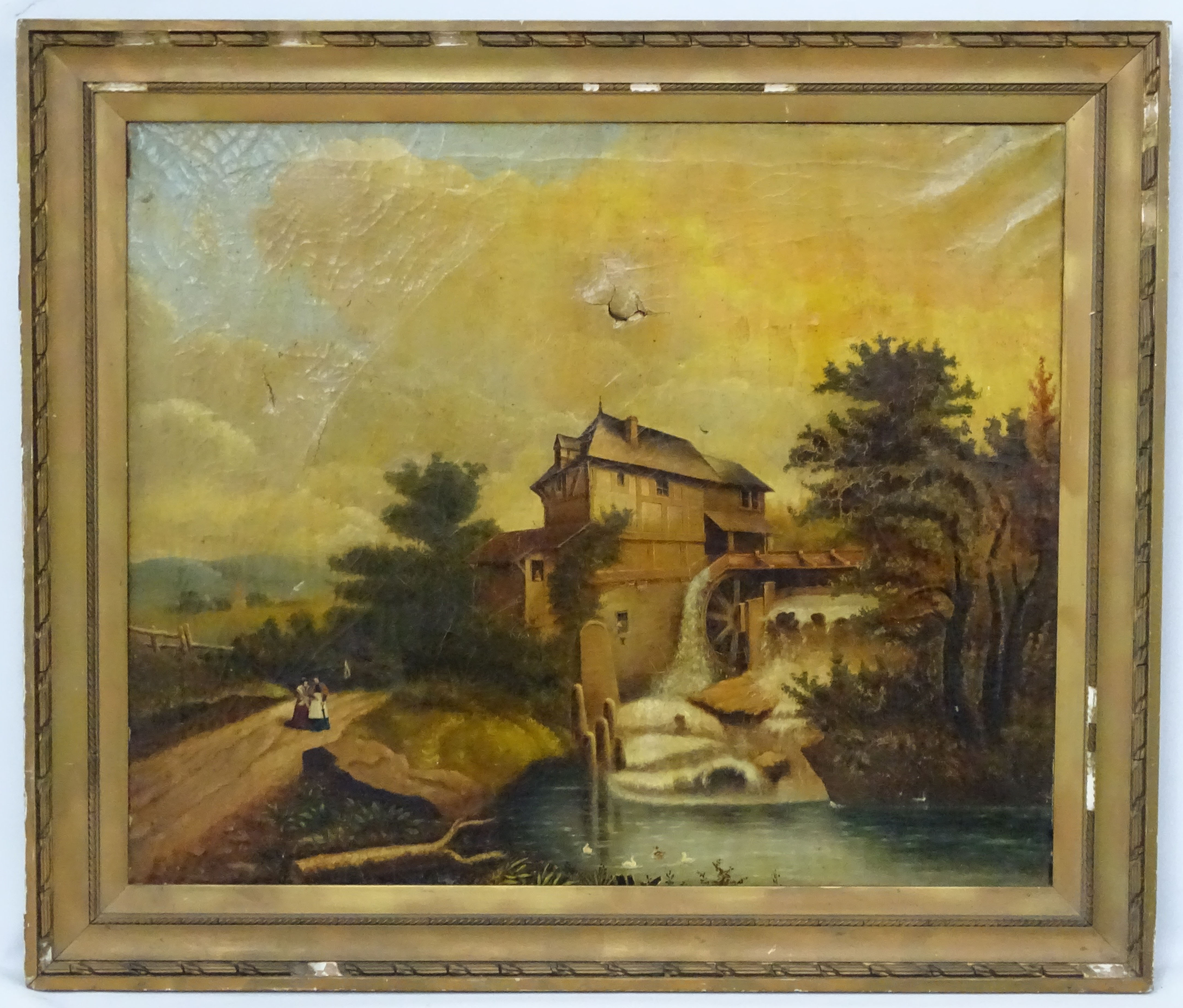 XIX Continental School, Oil on canvas, Figures by a Watermill, Possibly signed lower left.