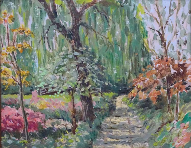 Mid XX English, Oil on canvas board, Sun streaming into a garden. - Image 3 of 3