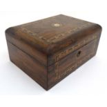 A 19thC inlaid walnut box with hinged lid and with mother of pearl to centre of lid 11 3/4" wide