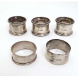 5 silver napkin rings to include 3 x hallmarked Birmingham 1909 maker C T Burrows & Sons,