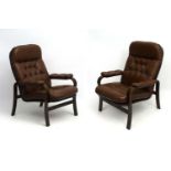 Vintage Retro : a pair of Danish lounge chairs with pre-formed laminate frame and brown leather