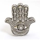 Judaica silver : A 925 silver hand of Fatima by ben Zion, representing the city of Jerusalem.