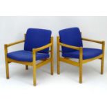 Vintage Retro : a pair of Danish blonde oak open arm chairs with blue woollen upholstery ,