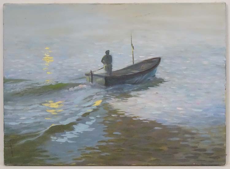 Marb 1987, Oil on canvas, Crab fisherman in boat in the early morning, Signed and dated verso,