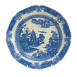 An 18thC blue and white transfer printed Joshua Heath plate, in Pagoda pattern,