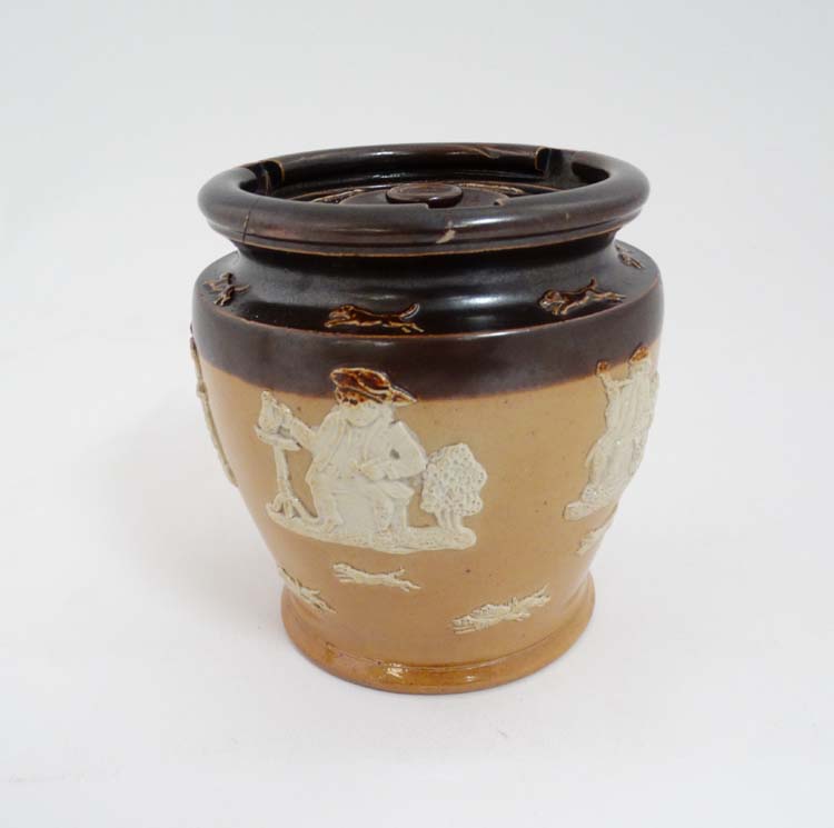 An early 20th C Royal Doulton salt glaze stoneware two- tone tobacco jar and lid decorated with - Image 6 of 7