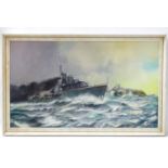 Militaria : R Flawn XX Mixed Media on board Depiction of a Flower Class Corvette Warship making