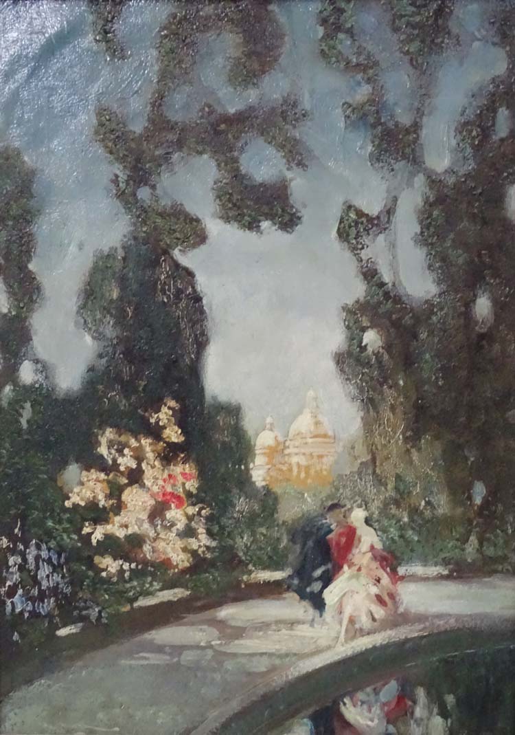 Mid XX French School, Oil on panel, A couple by fountain in a country house formal garden, - Image 3 of 3