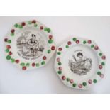 Two Victorian Children's nursery pottery plates of octagonal form with transfer printed images to
