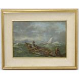 XIX Scandinavian School, Oil on board, Figures in a rowing boat in choppy sea, Bears writing verso,