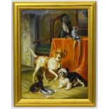 English School XX Oil on canvas Dogs playing in a 17thC interior,