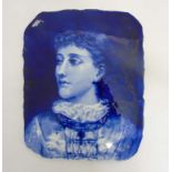 A 20thC Blue and White transfer print ceramic plaque depicting a Victorian woman with signature 'A.