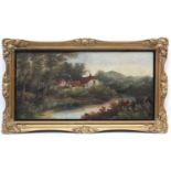 G Bates late XIX, Oil on canvas, Cottage besides a river, Signed lower left.