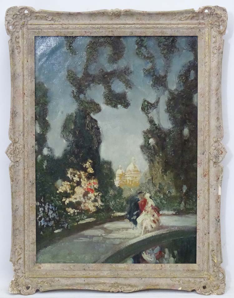 Mid XX French School, Oil on panel, A couple by fountain in a country house formal garden,