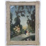 Mid XX French School, Oil on panel, A couple by fountain in a country house formal garden,