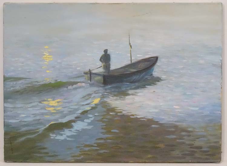 Marb 1987, Oil on canvas, Crab fisherman in boat in the early morning, Signed and dated verso, - Image 3 of 3