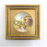 A framed Worcester porcelain picture/ plate by Christopher Hughes, depicting a farm scene with cows,