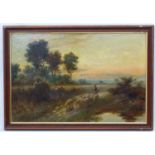Indistinctly Signed XIX Dutch School Oil on canvas Shepherd and sheep in an early evening